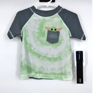 Star Wars Grogu Baby Yoda Swim Set Boys 2T Green Tie Dye‎ Rash Guard Trunks 2pc